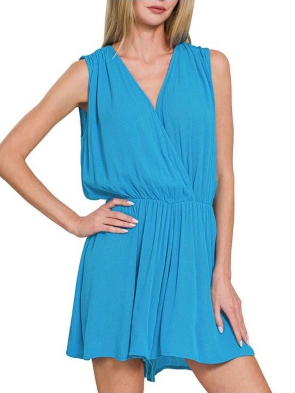 Zenana Outfitters Sleeveless V-Neck Turquoise Romper S-L - Picture 1 of 1